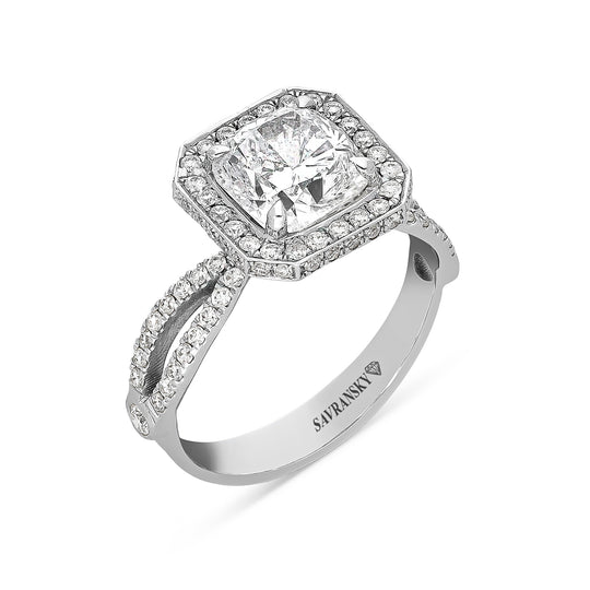 Pave Halo Set Cushion Cut Engagement Ring - 2.9 Carat