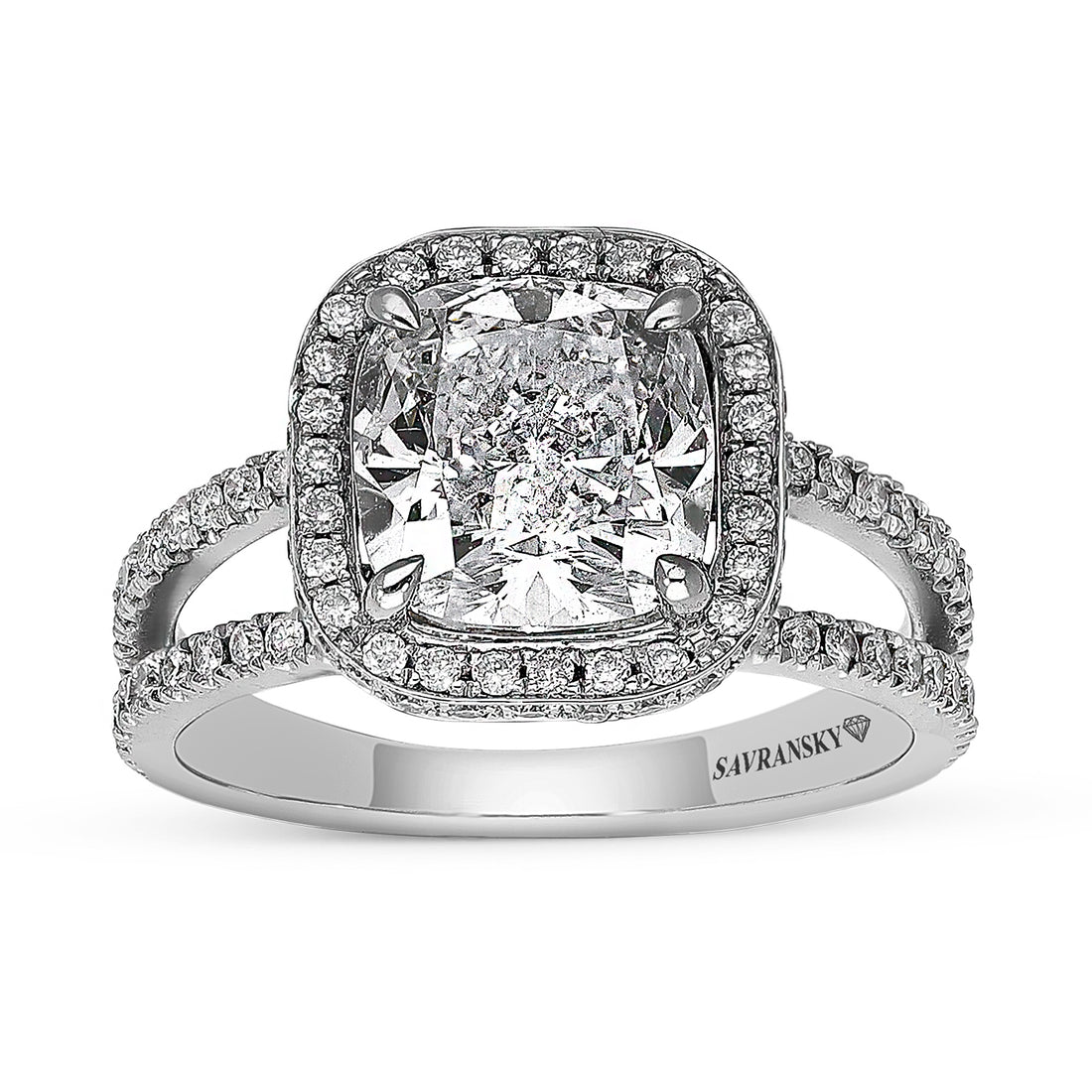 Cushion Cut Diamond with Pave Halo Split Shank Engagement Ring