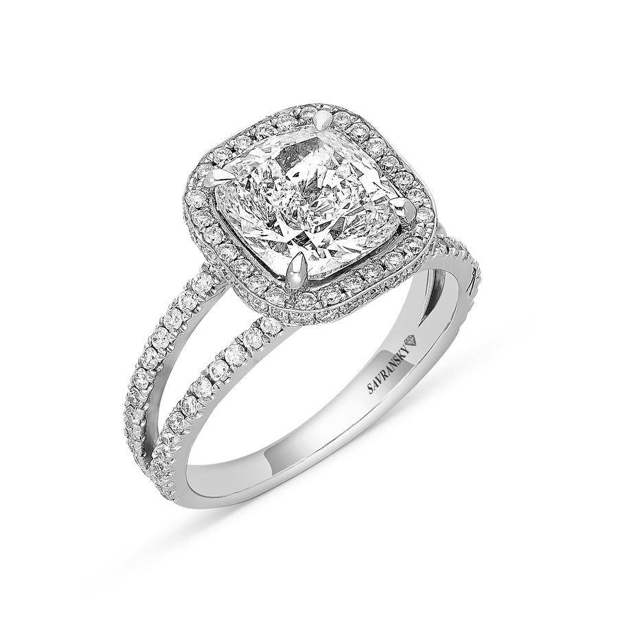 Cushion Cut Diamond with Pave Halo Split Shank Engagement Ring