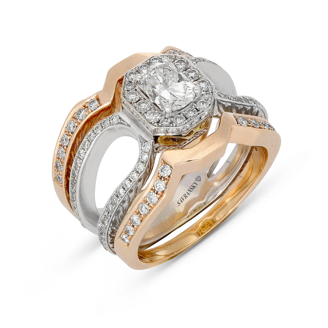 Elongated Radiant Pave Halo Engagement Ring Set - 2.66