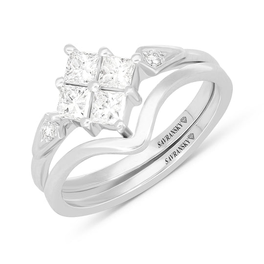 White Gold Invisible Diamond Cluster Ring Combo Stackable Band