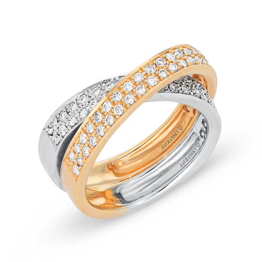 Two Tone Crossover Invisible Pave Diamond Band Ring