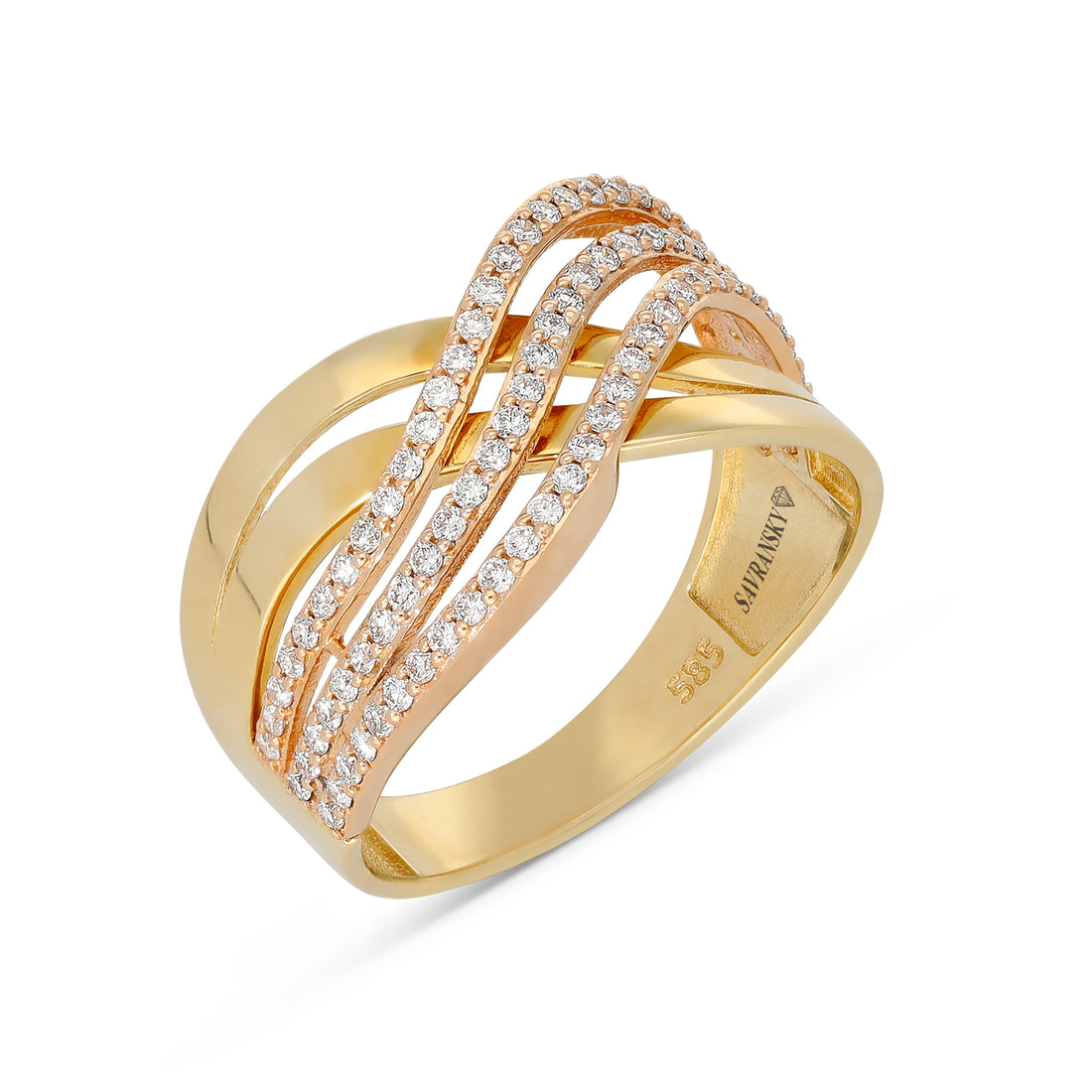 Two Tone Crossover Multi Layer Diamond Band Ring