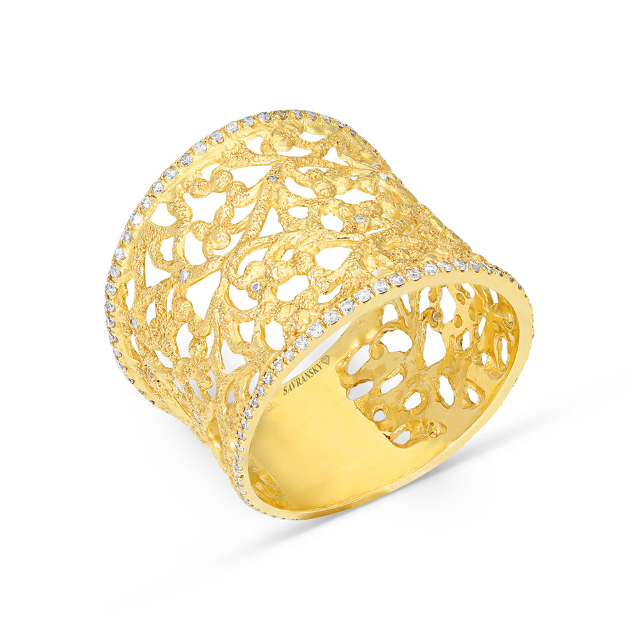 Yellow Gold Filigree Ring Rimmed in Pave Diamonds