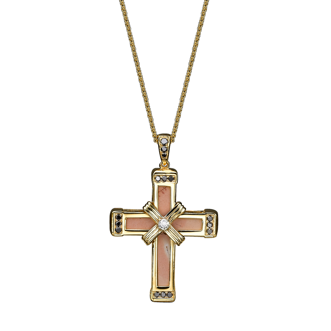 Yellow Gold Black Diamonds Holy Land love Cross Necklace