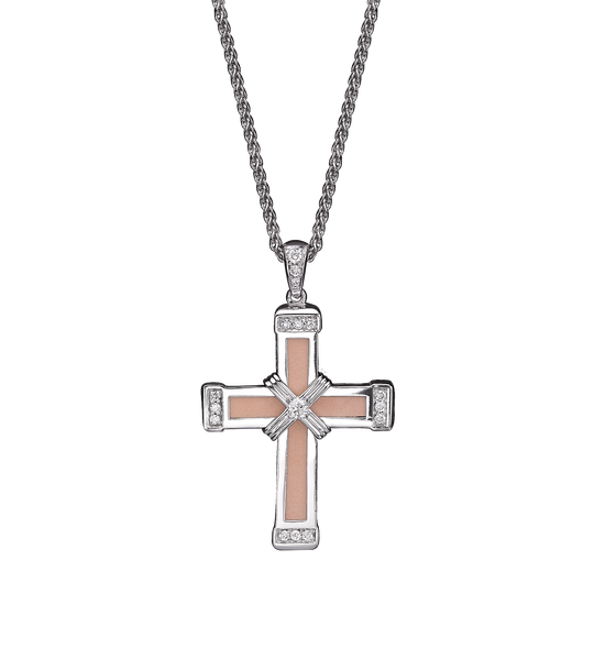 White Diamonds on White Gold Holy Land Love Cross Necklace