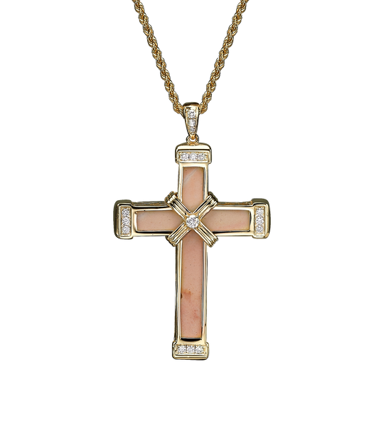Yellow Gold White Diamond Holy Land love Cross Necklace